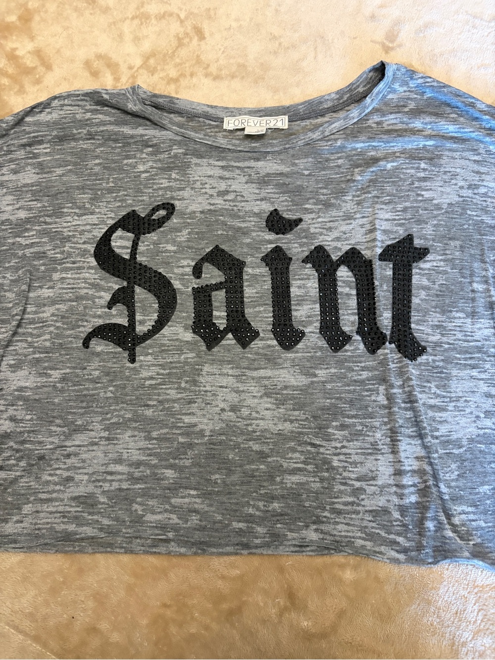 Forever 21 Gray Crop Tee with Black Studded 'Saint' Graphic